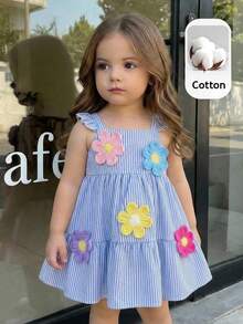 SHEIN 女婴方领荷叶边条纹休闲褶皱连衣裙 - 藍白色 - 查看 1