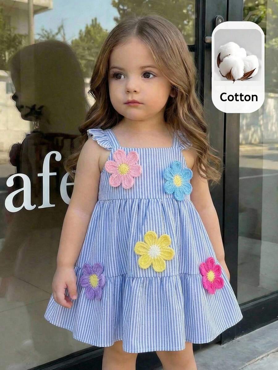 SHEIN 女婴方领荷叶边条纹休闲褶皱连衣裙 - 藍白色 - 查看 1