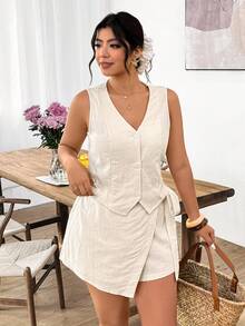 Lounesse Plus Size Women 2-Piece Set: Solid Color Single-Breasted Vest And Asymmetric Hem Skorts, Casual - Apricot - View 5