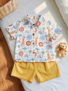SHEIN Vintaside Kids 2件套男婴夏季新款可爱动物印花POLO领短袖开衫衬衫和直筒黄色短裤套装，带口袋，休闲时尚 - 彩色 - 查看 7