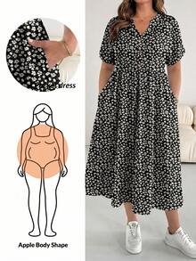 SHEIN Essnce 大码女式夏季度假碎花V领口袋收腰连衣裙 - 彩色 - 查看 1
