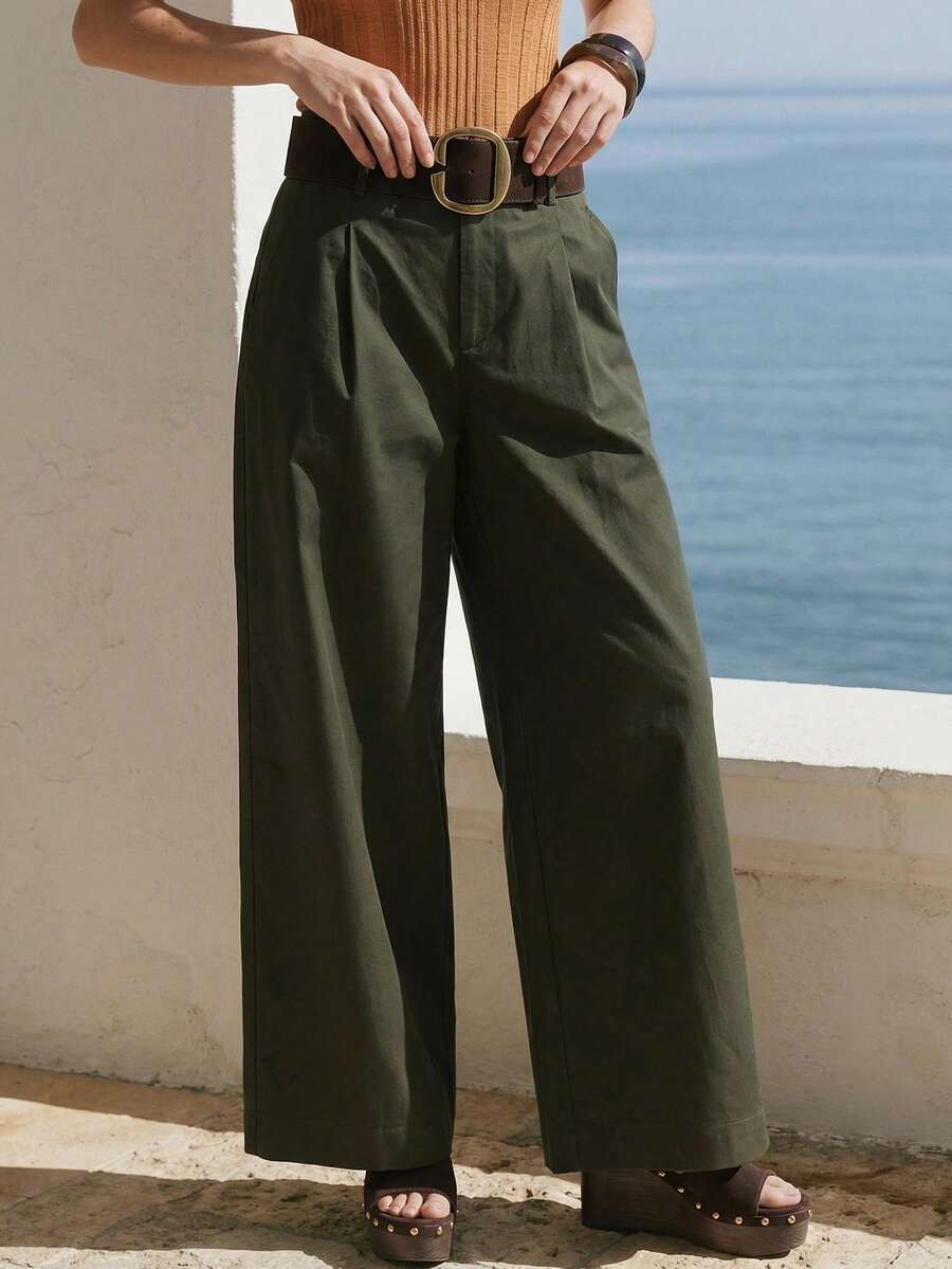 CielaLinda Women Army Green Pants With Pockets Solid Color Pants - Army Green - View 1