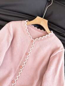 SHEIN Franclia French Romantic Color Block Ruffle Trim Cardigan, Suitable For Commuting - Pink - View 5