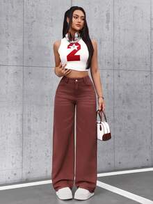 SHEIN Tall 女士纯色休闲牛仔裤 - 咖啡棕 - 查看 5