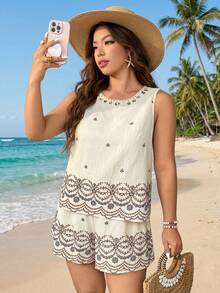 Breezaya Plus Size Brown Boho Summer Vacation Holiday Two-Tone Round Neck Sleeveless Shirt Elastic Waist 3/4 Shorts Set Party Gym - Apricot - View 3