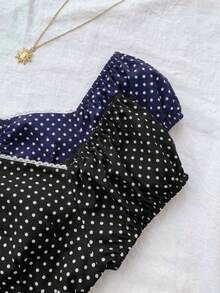 Bộ đồ nữ tuổi teen màu đen trắng, chấm bi xanh navy kiểu retro dáng chữ A với viền bèo nhún, phong cách thường ngày sinh viên. - Nhiều màu - Xem 7