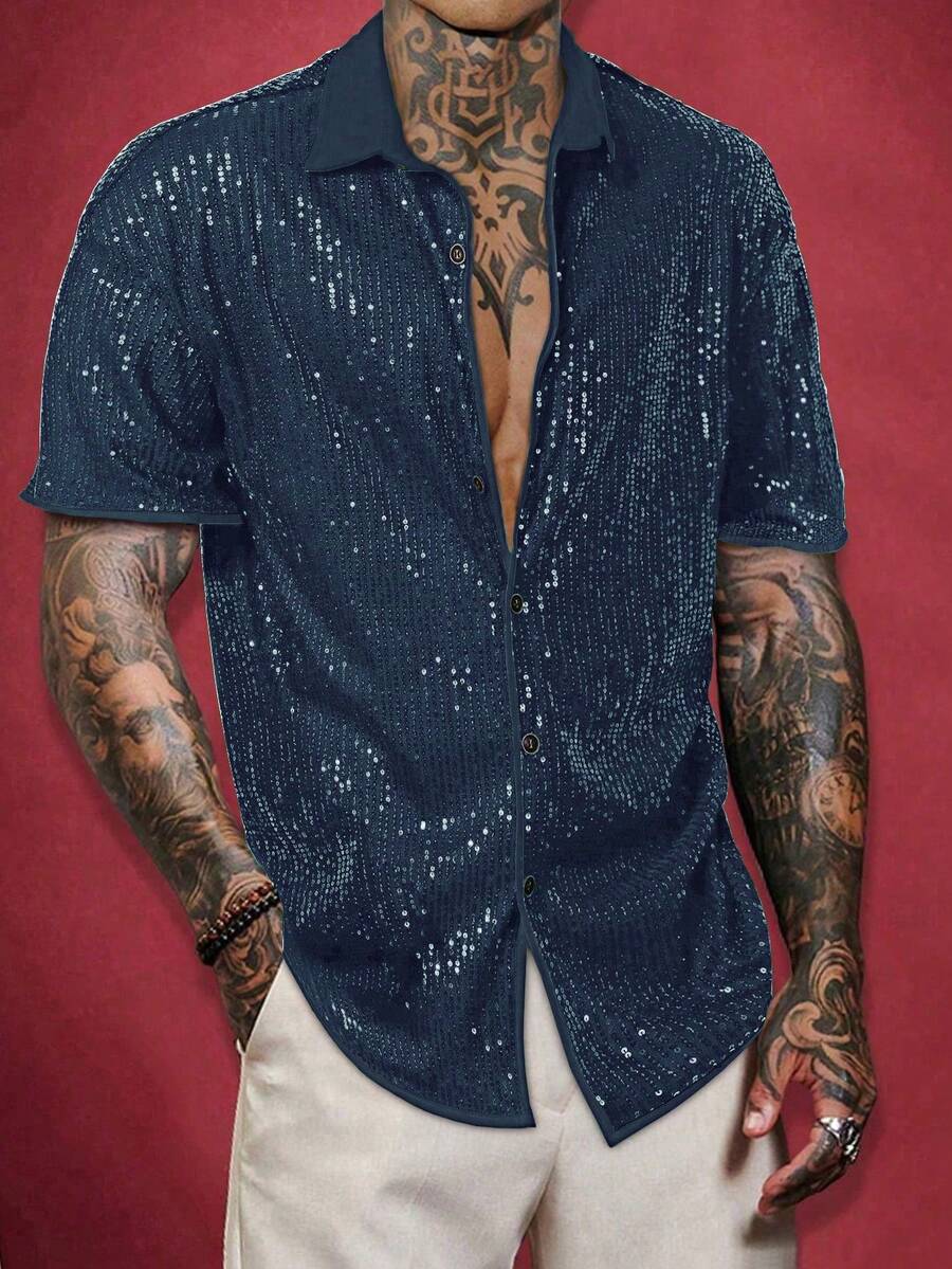 Manfinity AFTRDRK Áo sơ mi nam dự tiệc màu trơn đính sequin, kiểu dáng đơn giản. - Màu xanh hải quân - Xem 1