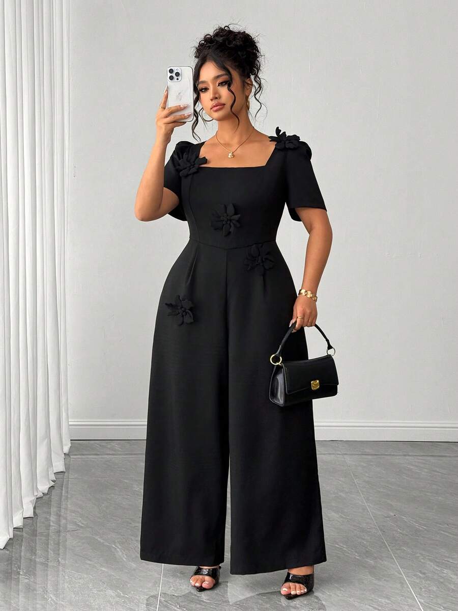 SHEIN Elenzya Plus Size Jumpsuit, Fashionable & Elegant Waist-Cinching Square Neck Design, Slimming, Suitable For Dates, Commuting, Classy & Refined, Suitable For Gatherings - Black - View 1