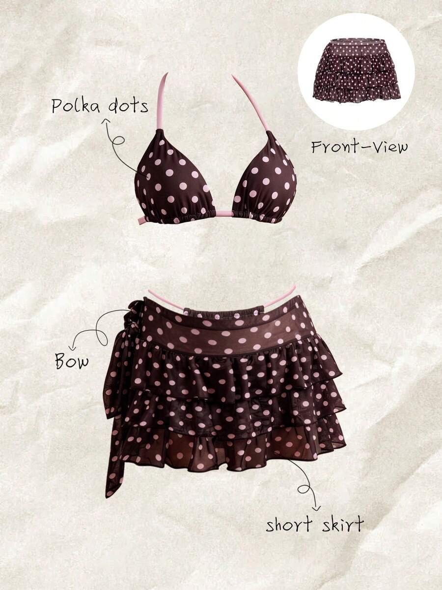 Elavelle Women's Vintage Polka Dot Print Ruffle Hem Cover-Up & Skirt Set, Spring/Summer - Multicolor - View 1