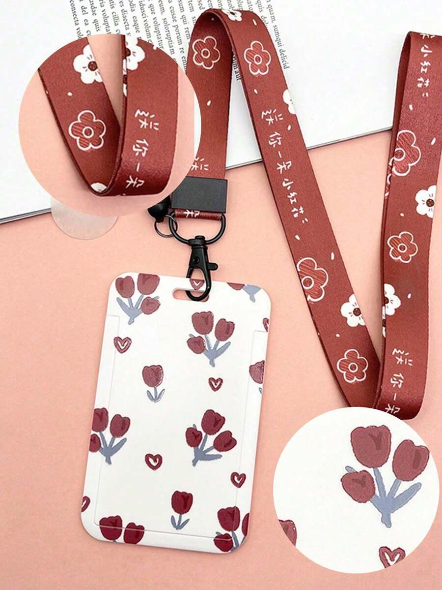 1个/2个装花卉印花证件套,带挂绳,可爱郁金香图案卡套,适用于学校和办公室 - 多色 - 查看 1