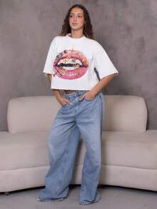 juhmazzocco Women's Fall Streetwear Daily Wear Vintage Y2K Going Out Hip-Hop Casual Oversized  Crop  Lips Graphic Tee - White - View 6