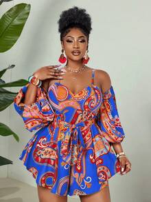 Maweii Plus Size Digital Print Elegant Off-Shoulder Backless Jumpsuit - Blue - View 3