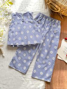 SHEIN Vintaside Kids 女童简约时尚蓝白条纹蝴蝶结装饰褶皱无袖上衣搭配宽松直筒裤套装，活泼休闲的春夏装扮 - 藍色 - 查看 2