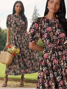 Lilora Chic Women's Boho Midi Dress With Random Print Tie Neck And Half Puff Sleeves In Black Floral Woven Fabric Garden Party Summer - Multicolor - View 4