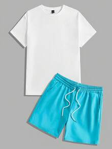 Manfinity Joysei Standard Size Men's Graphic Print White Short Sleeve T-Shirt And Blue Shorts Casual Set - Multicolor - View 7