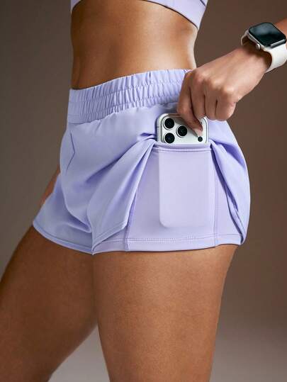 Powerista Pantalones cortos deportivos de mujer de unicolor casual con cintura elástica y bolsillo para teléfono, para verano