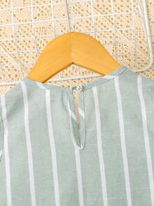 SHEIN Young Girl Vacation Casual Fashion Woven Green Striped Round Neck Sleeveless Ruched A-Line Dress - Green - View 7