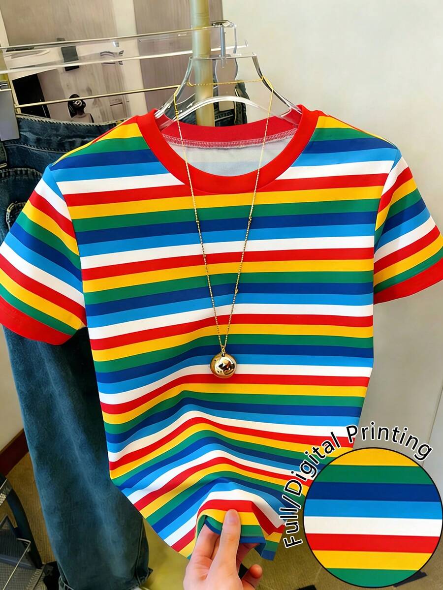 Resyla 女士休闲彩虹条纹印花圆领短袖T恤，夏季度假风 - 彩色 - 查看 1