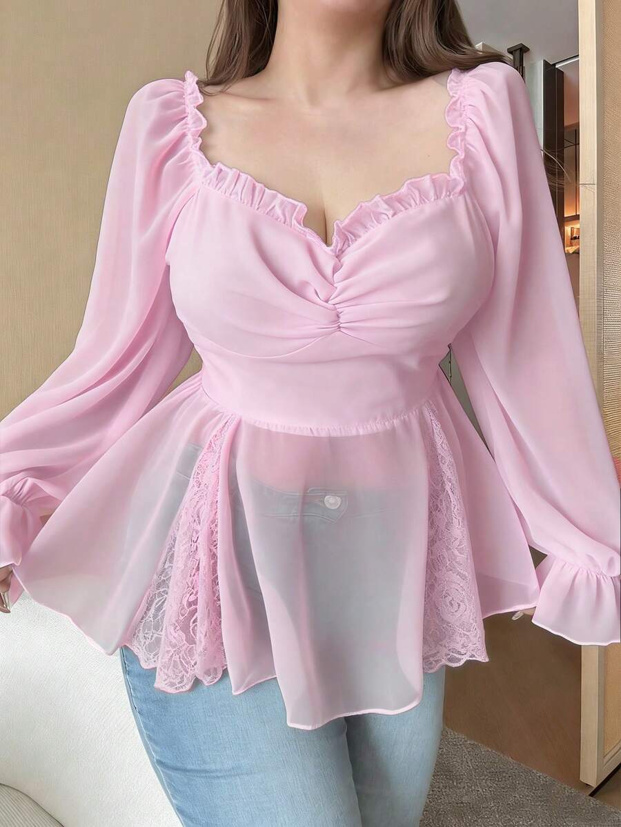 Vibekara New Arrival Sweet Elegant Chiffon & Lace Patchwork Puff Sleeve Blouse, Ruffle Hem Cropped Shirt For Women, Suitable For Spring, Summer, Fall - Pink - View 1
