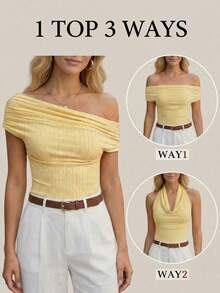 Blusa de punto negra versátil y elegante, esencial para el trayecto de primavera/verano con hombros descubiertos, blusas de punto para mujer, blusas de mujer para el verano, blusas de para mujer - Negro - Ver 2