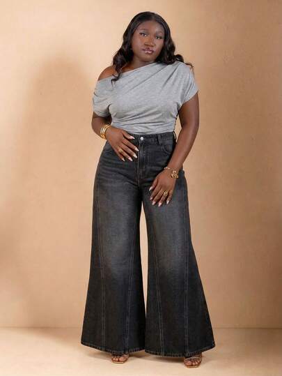 CurvyTilda 大码女式针织提花黑白条纹斜肩上衣，黑白条纹，罗纹，腰部褶皱，侧袖褶皱，休闲夏季T恤，女式夏季衬衫