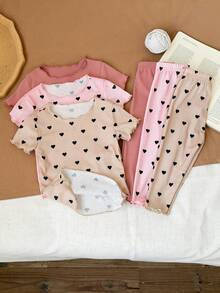 SHEIN LMoss Kids 女婴爱心图案荷叶边圆领短袖睡衣套装，6件套，柔软亲肤 - 彩色 - 查看 4
