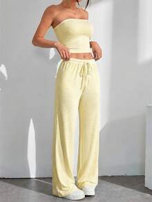 SHEIN PETITE Bộ đồ nữ gồm áo quây kẻ sọc và quần ống rộng thắt eo, kiểu dáng thường ngày. - Vàng nhạt - Xem 3