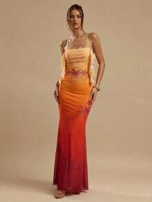 SHEIN BAE Women's Elegant Romantic Ombre Orange Red Rhinestone Floral Ruffle Hem Summer Mini Dress, Y2K Party Vacation Boho Beach Sunset Style Outfit - Multicolor - View 2