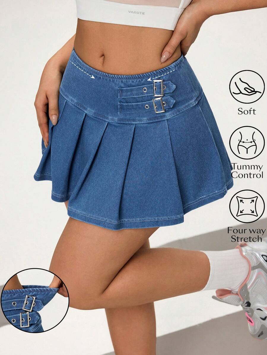 Flexra Lässiger Minirock aus plissiertem Denim im Streetstyle für Damen in großen Größen, Sommer - Dunkle Waschung - Übersicht 1