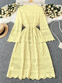 Franclia Plus Size Women's Solid Color Beach Resort Romantic Crochet Net Drawstring Tie Bow Cardigan Western Wear - Yellow - View 2