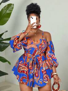 Maweii Plus Size Digital Print Elegant Off-Shoulder Backless Jumpsuit - Blue - View 1