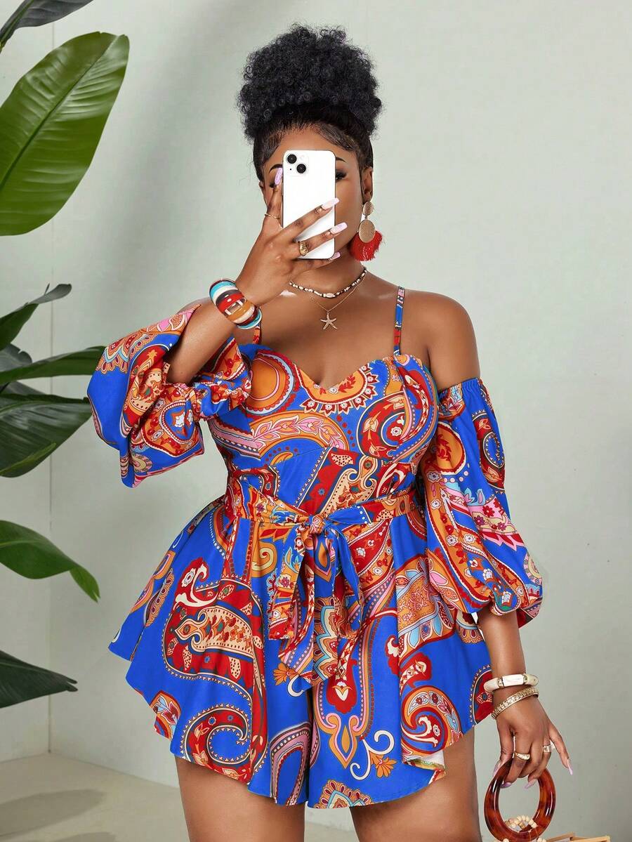 Maweii Plus Size Digital Print Elegant Off-Shoulder Backless Jumpsuit - Blue - View 1