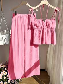 Comfortcana Woven Pink Linen Solid Color Camisole And Pants Set - Pink - View 3