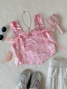 Comfortcana 2026新款春夏时尚女士优雅系带露脐宽肩带上衣，夏季女士情人节派对上衣，海滩外出上衣，优雅女士度假休闲上衣，Y2K风格粉色上衣，春假，粉色上衣，海滩度假，夏季假期，情人节，粉色光泽缎面刺绣收腰修身蝴蝶结鱼骨束身衣，情人节，狂欢节，海滩，假日，居家休闲，街头，大学 - 粉色 - 查看 3