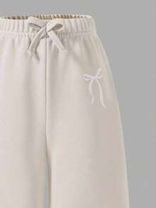 SHEIN Explorewe 女童阔腿裤，腰间系带，印花图案，休闲运动风，适合返校季和秋冬季穿着。 - 卡其色 - 查看 5