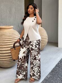 SHEIN LUNE Bộ đồ mùa hè cỡ lớn gồm áo croptop không tay xếp nếp và quần ống rộng (2 món) - Nhiều màu - Xem 1