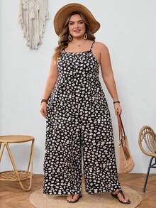 SHEIN CURVE+ 大码女式休闲碎花吊带连体裤，适合7月4日、7月1日/红白蓝毕业季穿着，春夏连体裤 - 彩色 - 查看 4