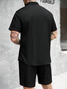 SLATEMANN 男士纯色短袖衬衫和短裤休闲套装 - 黑色 - 查看 2