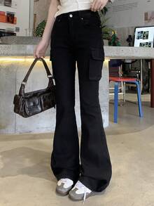 DAZY Women's Street Fashion Utility Pocket Flare Leg Jeans - Black - View 5