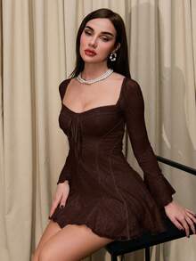 Bris Aura Lace Cup Ruffle Hem Women's Dress - Coffee Brown - View 4