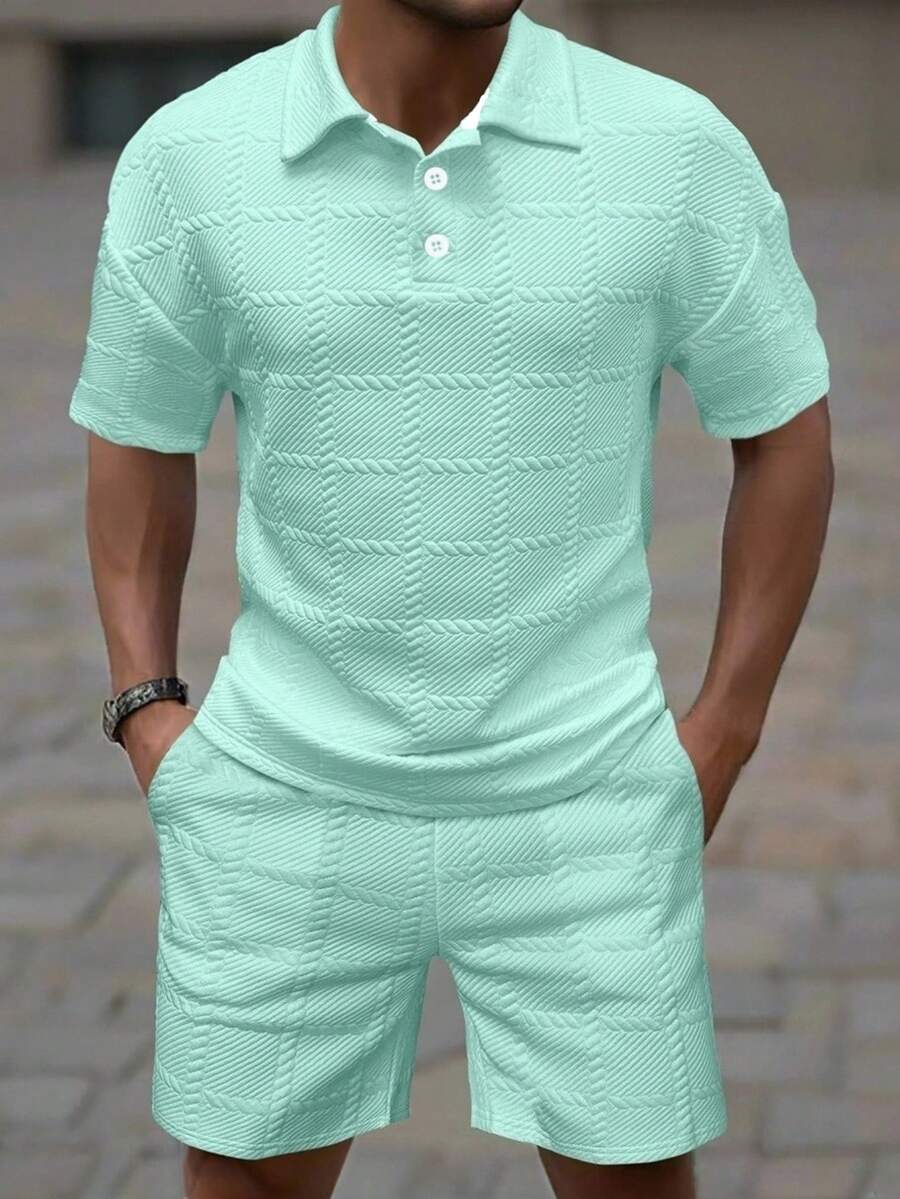 Manfinity Homme 男士夏季休閒純色短袖 Polo 衫與短褲套裝(不對稱設計) - 薄荷綠 - 查看 1