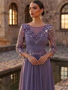 Aureia 优雅奢华的串珠亮片花卉刺绣网纱拼接弹力针织薄纱袖A字连衣裙，适合婚礼、派对、度假、新娘、新娘母亲、晚礼服等场合。 - 紫色 - 查看 5