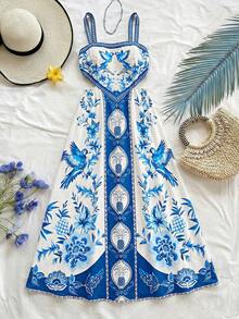 Soleia Women's All-Over Print Casual Sexy Vacation Spaghetti Strap Dress Golf White Summer - Navy Blue - View 7