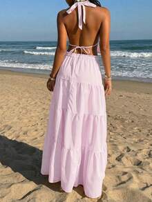 Sunnyshic Bộ đồ 2 món gồm áo crop top cổ yếm hở lưng chữ V sâu kẻ sọc vàng và chân váy xòe cạp thấp xếp ly, thanh lịch, lãng mạn, thích hợp cho kỳ nghỉ, tiệc tùng, phong cách tối giản, thường ngày. - Hồng - Xem 2