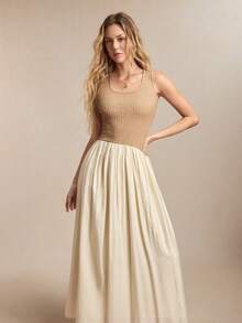 BizChic 新款奶油色U领无袖不对称下摆撞色天丝连衣裙，百搭夏季单品，Y2K风格，适合办公室、通勤、商务、社交场合。 - 彩色 - 查看 5