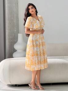 Modelyn Women's V-Neck Petal Sleeve Summer Allover Print Waist Ruffle Hem Mid-Length Dress - Multicolor - View 3