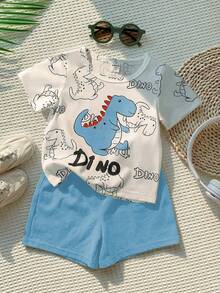 SHEIN Playful Pals Bộ quần áo mùa hè cho bé trai, màu trắng và xanh lá cây, in hình khủng long hoạt hình, gồm áo tay ngắn và quần short, thích hợp cho các buổi đi chơi, dự tiệc, hoạt động hàng ngày và các chuyến đi gia đình. - Màu xanh lam - Xem 3