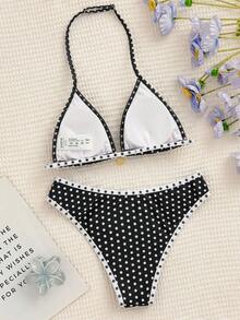 SHEIN Bộ bikini hai mảnh in hoa cổ điển dành cho thiếu nữ, trang phục đi biển mùa hè, màu mơ, chất liệu dệt kim, họa tiết vỏ sò, cổ yếm, kiểu dáng tam giác, đồ bơi mùa hè. - Nhiều màu - Xem 3