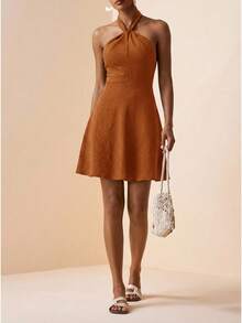 Zivah 2026春夏新款亚麻荷叶边A字迷你连衣裙，棕色，适合音乐节、复活节、圣帕特里克节、情人节、约会、西式风格、游牧风格、生日、毕业典礼、校园风、日常穿着、休闲、度假、邮轮旅行、海滩、日光浴、潮流、街头风、婚礼宾客、通勤、早午餐、机场、派对、节日、办公室等场合。 - 紅木色 - 查看 8