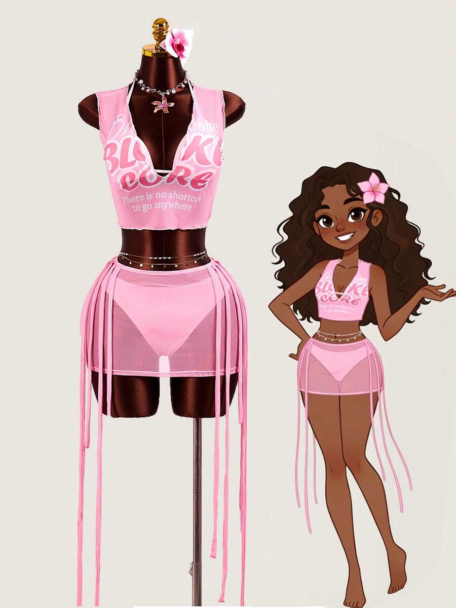 Zestiva Bộ đồ bơi nữ 4 món mới, bikini in họa tiết màu hồng. - Hồng - Xem 1